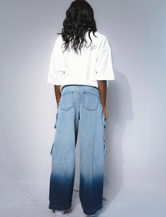 BLUE SHADING WIDE-LEG CARGO JEANS