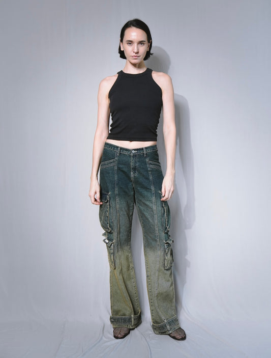 OLIVE-SHADING HIGH-WAIST CARGO JEANS