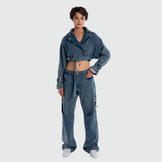 DENIM WIDE LEG PANTS WITH BUCKLE